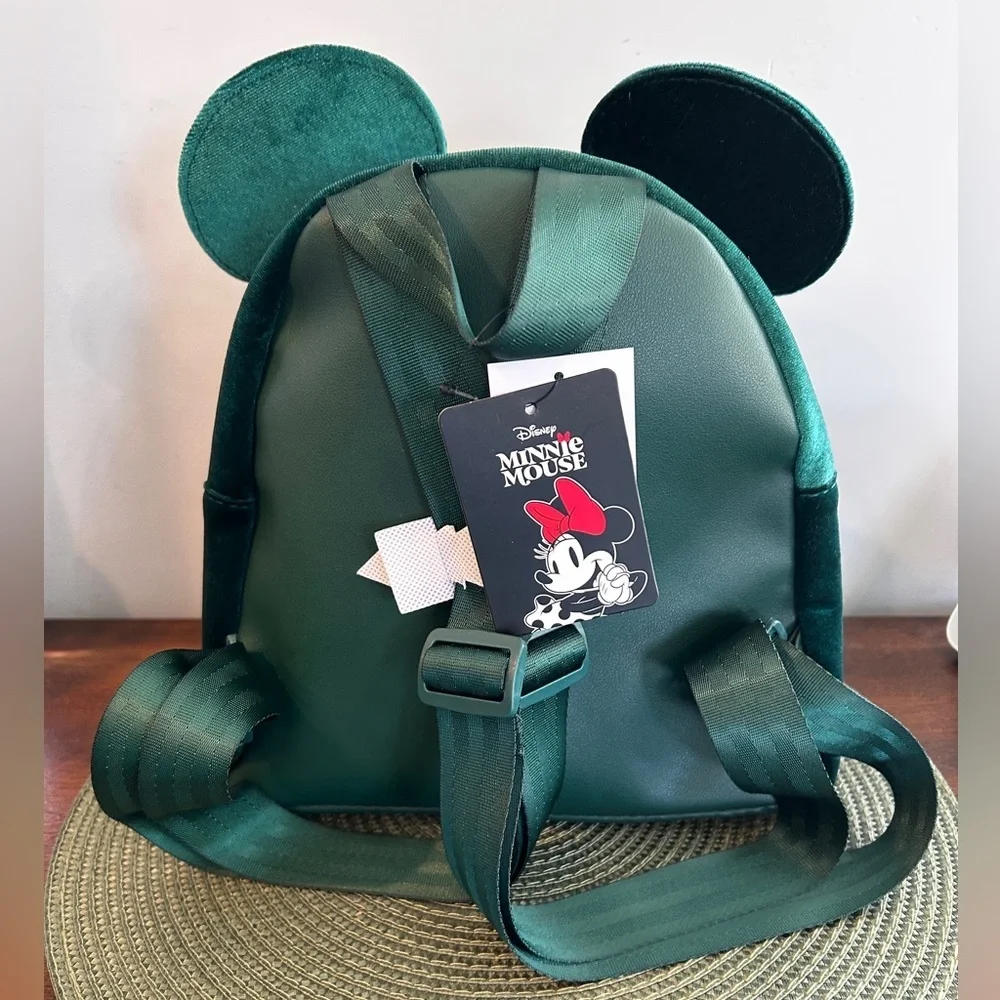 New Disney's Minnie Mouse Green Velvet 3D Bow & Ears Mini Backpack New with Tags
